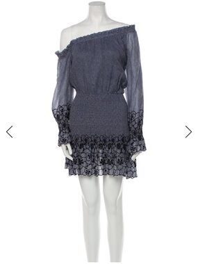 Alexis Grey Off-Shoulder Smocked Mini Dress with Floral Trim